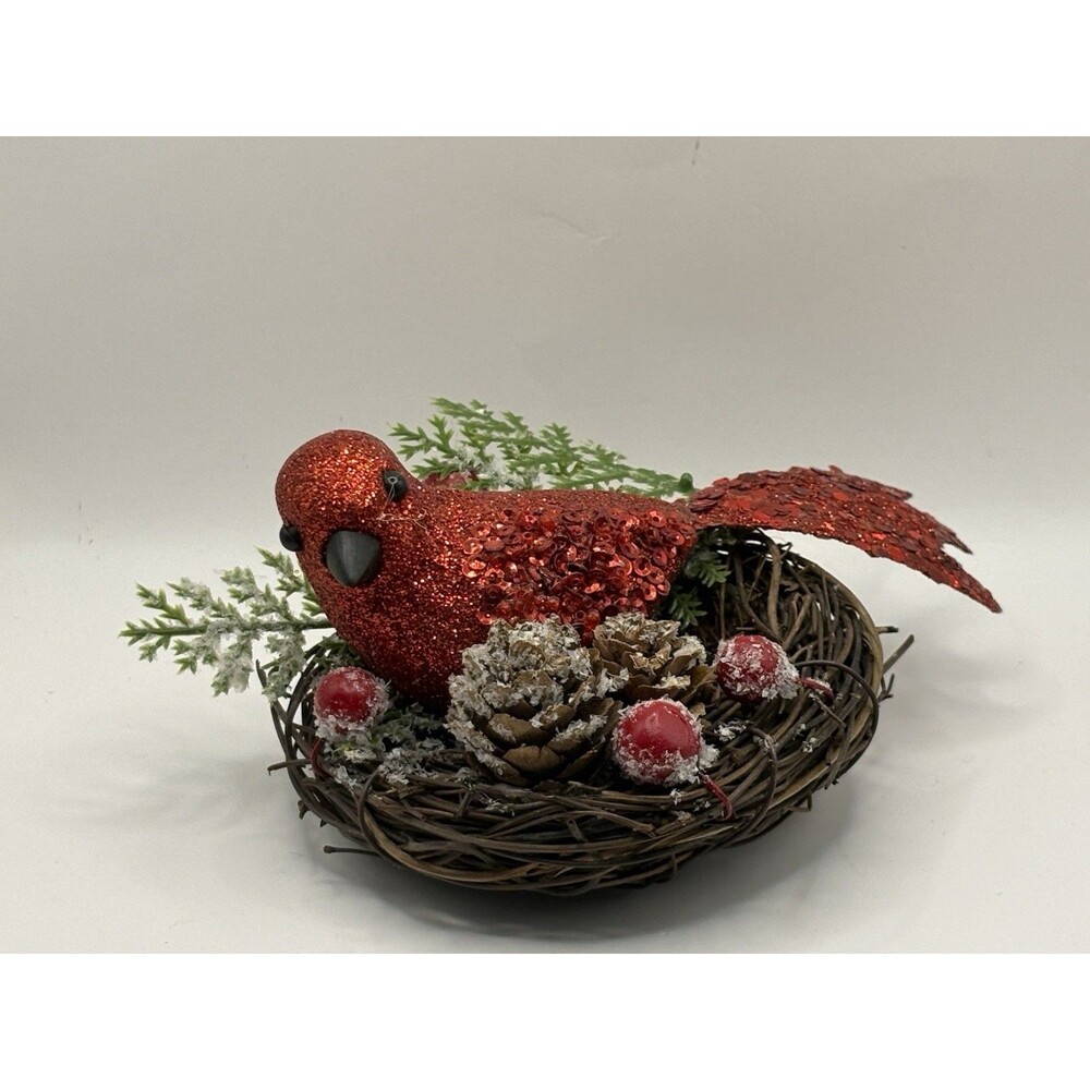 Red Glitter Bird Nest Christmas Decor Rustic Farmhouse Holiday Centerpiece
